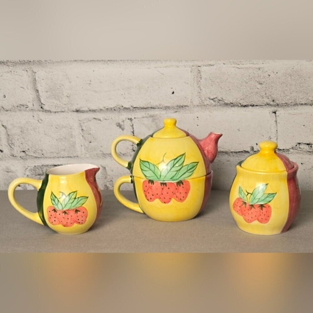 Country Inn Collection Strawberry Tea Set – Ceramic Teapot, Sugar & Creamer 4pc